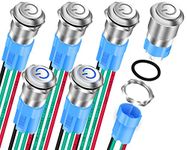 DaierTek 6Pcs Mini Round Waterproof Push Button Switch 12mm ON Off Latching 1NO Pushbutton Self-Locking with Blue LED 12V