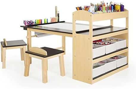 Guidecraft Deluxe Art Center: Kids' Montessori Art Table and Chairs Set with Storage Shelves, 6 Fabric Bins, Paper Roll | Wooden Kids' Activity Desk for Preschool, Homeschool, Playroom Furniture