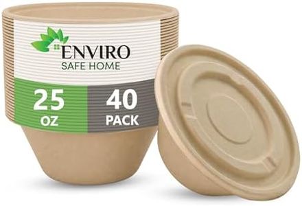 Enviro Safe Home 25 oz Bamboo Disposable Bowls with Lid - 40 Pack, Heavy Duty Bowls for Hot Soup, Salads & More - Fridge, Microwave & Oven Safe - Leak Proof, Oil Resistant To Go Food Containers