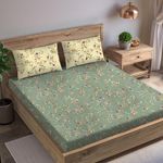 Trance Home Linen 180TC 100% Cotton 84"x72" Elastic Fitted Bedsheet Cal.King Bed Size | Printed Fitted Sheet | Elasticated Fitted Bedspread with 2 Pillow Covers (84x72 inch, Lilly Green Ivory)