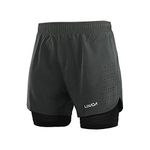 Lixada Mens 2-in-1 Running Shorts Quick Drying Breathable Active Training Exercise Jogging Cycling Shorts with Longer Liner (Dark Grey, M)