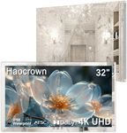Haocrown 32" 4K Ultra HD Smart Bathroom Mirror TV, IP66 Waterproof, Android 13 OS Built-in Voice Assistant (Remote with Mic), ATSC Tuner, 500 cd/㎡ High Brightness (Sliver Frame, 2025 Model)