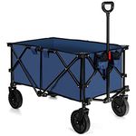 GiantexUK Foldable Wagon Cart, Outdoor Garden Trailer with Adjustable Handle, Cup Holders and 360 Degree Rotatable Wheels, Collapsible Utility Camping Cart (Navy)