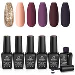 Beetles Gel Nail Polishes- Fall Gold Glitter Gel Nail Polish Set, 6 Colours Red Purple Full Maroon Nail Gel Polish Set, Soak Off Nail Lamp Nail Kit Varnish Manicure DIY