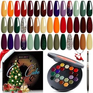 MODELONES 21 Colors Fall Gel Nail Polish Set, Orange Green Red Solid Gel Polish Nude Brown Glitter Pudding Gel Upgraded Cr�me Manicure Palette Soak Off LED Nail Art Kit Salon DIY, with Pro Nail Brush
