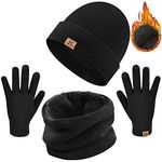 UMIPUBO Hat Scarf and Glove Set Unisex Winter Warm Thermal Knitted Beanie Hat Neck Warmer and Touchscreen Gloves Gift Set (Black)(Size: One size)