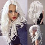 Milky White Wig Long Curly Wavy Wigs for Women Synthetic Hair Wig Natural Middle Parting Cosplay Halloween Party Wig(Milky White)