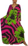 Bsubseach Kaftan Dresses for Women Plus Size Beach Swimsuit Cover Up V Neck Caftan Dress Loungewear Rose Pink Green Flowers