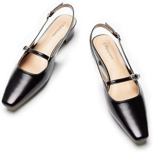 C.Paravano Women's Slingback Sandals Small Square Toe Slingbacks Flats Closed Block Heels Adjustable Strap Slip on Slingbacks(Black,Size 6.5)