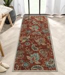 Morebes Floral Bath Rug Runner,2x5 Rug Runner Non Slip, Washable Entryway Rugs, Non Shedding Distressed Paisley Design Kitchen Sink Indoor Floor Carpet Runner for Bathoom Dorm, Red