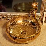 Gold Vessel Sinks Bowl Luxury Gold Glazed Ceramic Vanity Top Sink for Restroom Bathroom Bar Dia.16.4"Size