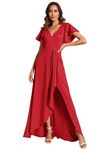 Ever-Pretty Evening Dress Women's Deep V-Neck High Slit Ruffles Sleeves A-Line Party Prom Dress Red 12UK