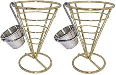 MIAO JIN 2Pcs French Fries Stand Cone Basket Fry Holder with Sauce Dippers Metal Cone Snack Fried Chicken Display Rack Wire Stands for Kitchen Restaurant Party Supplies (Gold)