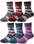 Kids Merino Wool Socks for Girls Boys Toddlers Thermal Winter Warm Hiking Thick Cozy Heavy Crew Gifts Socks Stocking Stuffers 6 Pairs (Deer Snowflake,4-7 Y)