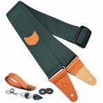 Guitar Strap, Vintage Nylon Full Grain Leather Ends Guitar Straps with Pick Pocket for Bass, Electric & Acoustic Guitar, Come with Free Strap Button, 1 Pair Strap Locks and 4 Guitar Picks (Green)