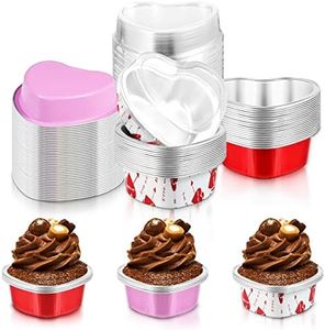 Cunhill Heart Shaped Cake Pans with Lids, 3.4 Ounces/ 100 Ml, Mini Cheesecake Pans, Aluminum Foil Mini Disposable Heart Cupcake Pans for Valentine's Day Wedding Parties(Red, Pink, White, 30 Sets)