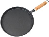 BRAVECOW Cast Iron Skillet Pancake Pan Round Griddle Thick Nonstick Egg Frying Pan Tortilla Crepe Pan Anti-scalding Wooden Handle Uncoated 26cm