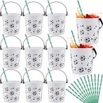 Lemosae 12 Pcs 32 oz Soccer Buckets with Handles and Straws Soccer Party Favors Rum Buckets Small Plastic Ice Soccer Cocktail Buckets Bulk Reusable Punch Bowls for Drinks Beer Beverages (White)