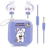 DTMNEP Cute Rabbit Kids Earbuds, Earbuds for Kid Size Wired Earphones & in-Ear Headphones with Microphone and Lovely Earbuds Storage Case Gifts for School Girls and Boys (Blue)