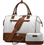 Travel Duffle Bag for Women,Vaschy 17'' Canvas Under Seat Carry On Weekender Overnight Duffel Tote Bag with Trolley Sleeve/Shoe Compartment/Tolietry Bag Set for Travelling,Gym Beige