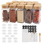 MONICA 14 Glass Spice Jars with Bamboo Airtight Lids and 5 Types of Spice Labels-4oz Empty Square Spice Bottles with Shaker Lids and Silicone Collapsible Funnel,Test Tube Brush,Bamboo Spoons