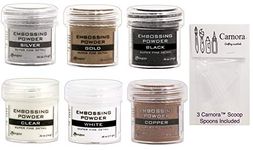 Ranger Fine Super Embossing Powder, White, Silver, Black, Copper, Clear and Gold, Bundle of 6 1/2 Ounce Jars Plus 3 Carnoras Scoop Spoons