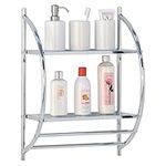 Taylor & Brown 2 Tier Modern Chrome Wall Mounted Curved Bathroom Shelf Shelving Unit With Double Towel Holder Storage Rail Rack - W44 x D25 x H54.5cm