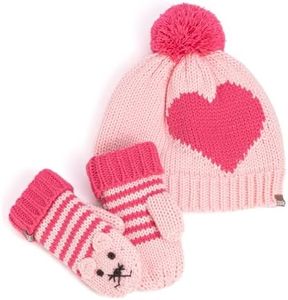 Peppercorn Kids Toddler Girls Heart Design Knit Hat/Mittens 2-PC Bundle for 1-3 Years Old Child, Warm and Soft, Fleece-lined for Cold Weather, Pink