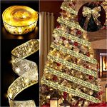 Christmas Tree Ribbon Fairy Lights, 19ft/6m 60 LED Shining Ribbon String Lights, Waterproof Battery Operated Xmas Tree Lights for Christmas New Year Party Decorations Indoor Outdoor Ornaments (Gold 6 m)