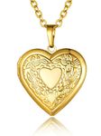 Photo Engraved Heart Lockets Chains, 18K Gold Plated Love Heart Locket Necklace That Holds Pictures with 22 Inch Chain for Women