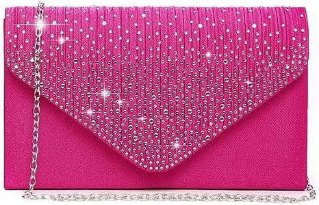 Dasein Women Satin Evening Bag Rhinestone Clutch Purse Wedding Prom Purse Formal Cocktail Party Handbag (Hot pink)