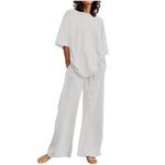 Women 2 Piece Outfits Sale Clearance Casual Cotton Linen Sets Ladies Wide Leg Pants Set with Pocket for Women Round Neck Crop Basic Top Comfy Linen Trouser Suits Lounge Wear Suits for Summer S-5XL