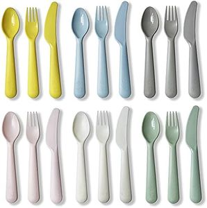 18Pcs Plastic Toddler Utensils Set Kids Spoons Forks Knife Colored Baby Flatware Set Silverware Set Reusable Plastic Utensils BPA Free Dishwasher Safe Plastic Cutlery