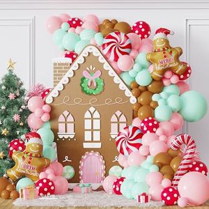 139Pcs Gingerbread Balloon Arch Garland Kit Pastel Pink Green Christmas Balloon Garland, Giant Gingerbread Man Candy Cane Balloon for Christmas Cookie Xmas Gingerbread House New Year Party Decorations