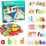 WISHKEY Wooden Spelling Game for Kids, Early Education Word Making Game with Flash Cards and Alphabets, Non-Toxic, Educational Toy for Kids Boys and Girls, Multicolor, 3+ Years (Pack of 1)