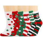 QKURT 6 Pairs Christmas Fuzzy Socks, Santa Fluffy Socks Cosy Sleep Socks Thick Winter Slipper Socks for Girls Women