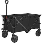 COSTWAY Folding Camping Wagon, Collapsible Beach Garden Trolley with Cup Holders and Adjustable Handle, Canvas Transport Utility Cart for Shopping Gardening Sporting Events (Black)