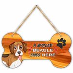 KREEPO MDF Wooden Cute Dog Sign Plaque Bone Design A Spoiled BEAGLE Lives Here Animal Love Board, Name Plate For Dog House Brown & White, Size(10x5) inch