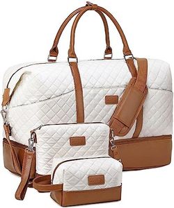 Weekender Bag, Large Travel Duffel Bag for Women, Carry on Overnight Bag with Shoe Compartment and Toiletry Bags, White, 3 PCS, Classic