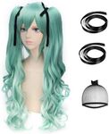 Anangel Anogol Hair Cap + Vocaloid Miku Cosplay Wigs With Two Ponytails Costume Lolita Party Wig (Curly Green)