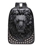 GUQIMEI Mens 3D PU Emboss Lion Rivet Punk Rock Personality Leather Casual Laptop Backpack School Bag for Women (black)