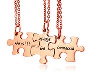 BFF Puzzle Necklace For Best Friends - 3 Pcs Rose Gold Stainless Steel Puzzle Pendant Engraved We Will Always Be Connected Matching Necklace for Sisters Girls Jewellery Gifts for Christmas Birthday