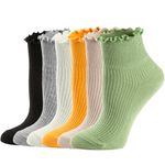 Mcool Mary Womens Socks, Ruffle Turn-Cuff Casual Ankle Socks Breathable Cool Knit Cotton Lettuce Crew Frilly Sock 6 Pack, 6colors (Green + Pink + Yellow + White + Gray + Black), 9-11