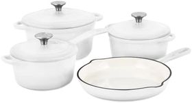 Basque Enameled Cast Iron Cookware Set (Blanc White), 7-Piece Set, Nonstick, Oversized Handles, Oven Safe; 10.25" Skillet, 2QT Saucepan, 2.25QT Small Dutch Oven, 4.75QT Large Dutch Oven