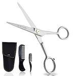 ONTAKI Professional German Beard & Mustache Scissors with Comb & Carrying Pouch - Hand Forged with Bevel Edge for Precision Perfect Men’s Facial Hair Grooming Kit for All Body or Facial Hair (Silver)