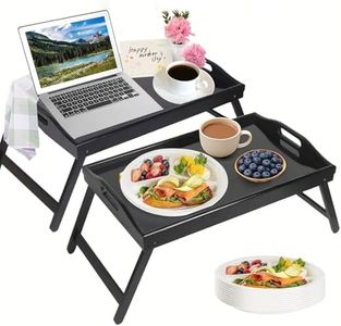 INNOVATIVE LIFE 2 Pack Bed Tray with 10pcs Disposable Plates, Table Breakfast Trays Serving Bamboo Laptap with Floding Legs Handles and Phone Holders, Black