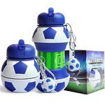 RIXOZ Blue Football Water Bottle - 550ml Silicone Collapsible Football Water Bottle With Football Keyring For Kids