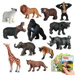 SIENON 12pcs Safari Animals Figure Toys with Flash Cards, 3.5” Realistic Wild Zoo Animals Figurines Plastic Jungle Animals with Elephant Lion Giraffe Bear Gorilla Educational Learning Playset for Kids