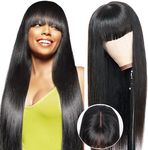 Straight Glueless Human Hair Wig With Bangs, 2x4 Lace Front Wigs Human Hair For Balck Women 180% Density,Wear And Go Glueless Wig Human Hair With Fringe, Black Virgin Brazilian Real Human Hair 22 Inch