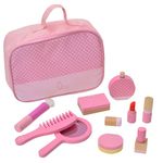 Teamson Kids Wooden Travel Vanity Set Cosmetic Makeup Kit for Girls Dressing Table, Pretend Play with Make Up Bag and Accessories, Polka Dot Pink